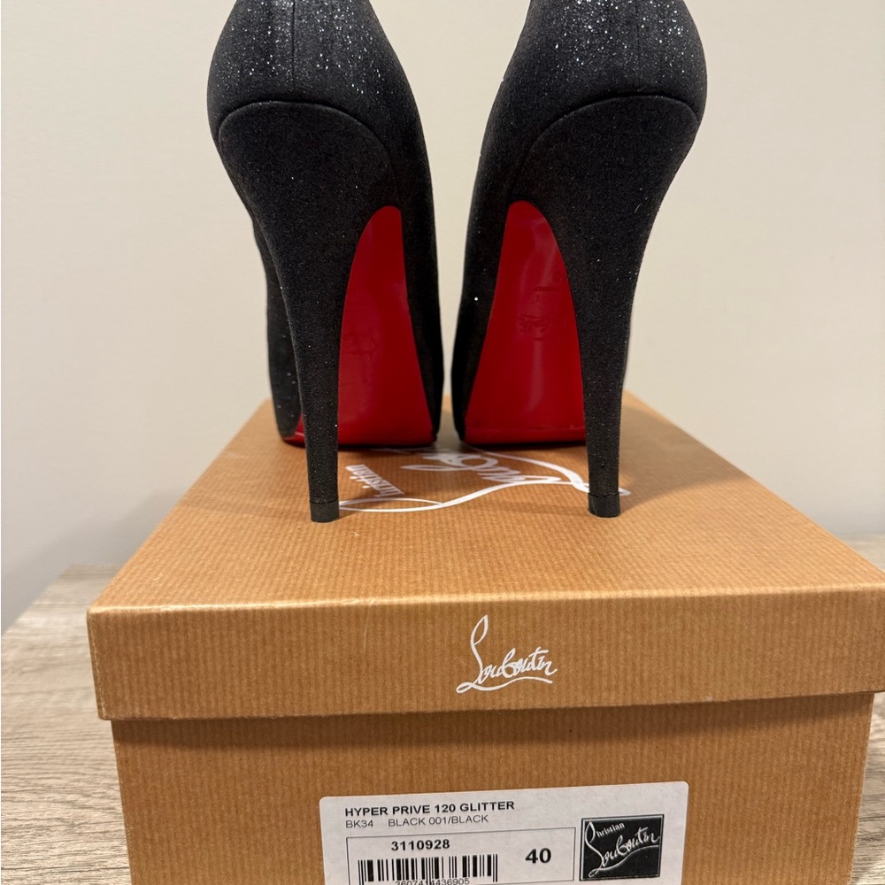 Christian Louboutin Glitter Black Peep-Toe Heels - Picture 3 of 7